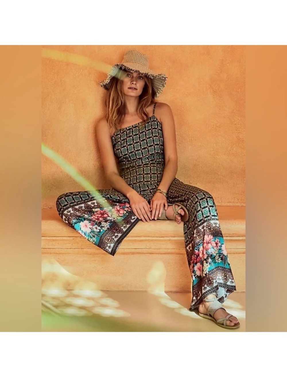 FARM Rio Honolulu Floral Wide Leg Jumpsuit Teal Tropical Boho Size Small